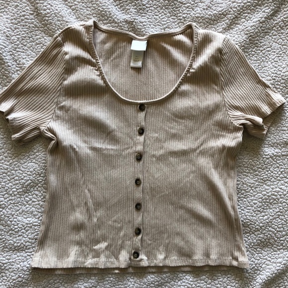 Cream, faux button down, short sleeved crop top - Picture 1 of 1